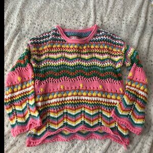 Colorful Crochet Knit Sweater Retro Rainbow Open Knit Pullover Size L
